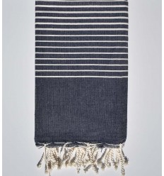 Fouta plate bleu foncé rayée blanc crème